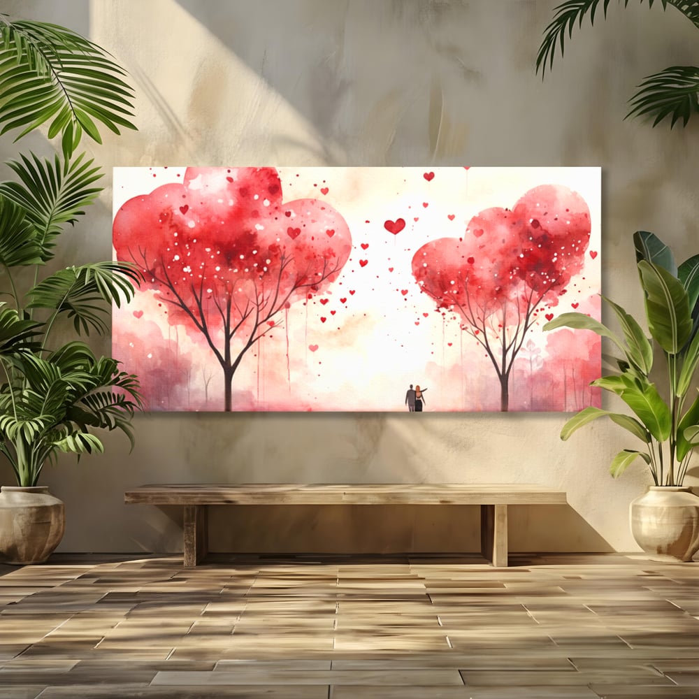 Tablou canvas cu tablou canvas cuplu sub copaci in forma de inima, fara rama, pe sasiu de lemn